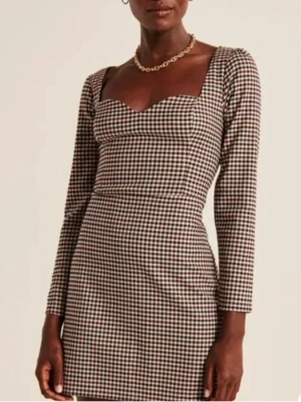 Abercrombie & Fitch Black and White Gingham Square-Neck Long-Sleeve Mini Dress